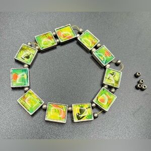 Vintage Resin Art Tile Bracelet Tropical Beach Summer Floral Silver Tone *BROKEN